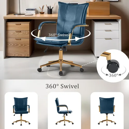 Miniatura 6 de MOJAY Silla de Oficina Ergonómica de Cuero con Respaldo Medio, Silla de Escritorio Ejecutiva Moderna Tapizada con Marco Dorado, Reposabrazos, Silla