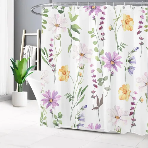 Miniatura 2 de Cortina de ducha de flores silvestres amarillas, moradas, florales y verde salvia con hojas de eucalipto sobre blanco, juego de cortina de ducha