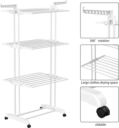 Miniatura 5 de HOMIDEC Tendedero de secado de ropa plegable grande de 4 niveles (67.7 pulgadas de alto x 19.7 pulgadas de ancho x 30 pulgadas de largo), móvil