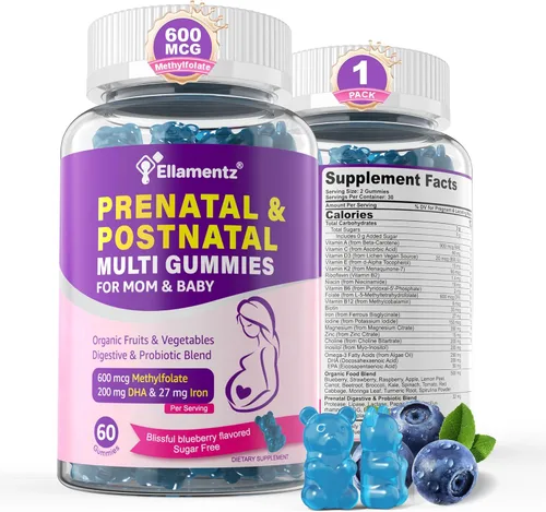 Vitaminas prenatales para mujeres con metilfolato, omega-3 DHA vegano, mezcla de alimentos orgánicos, probióticos, hierro, vitamina D3 B6 B12,