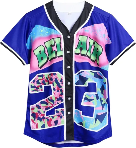 Miniatura 10 de Ropa de los años 90 para mujer, traje unisex de hip hop para fiesta, camiseta de béisbol Bel Air, camisa de manga corta con botones