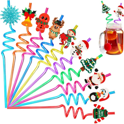 JANYUN - Pajitas de Navidad, 20 unidades de pajitas de plástico reutilizables, regalos de fiesta de Navidad para niños, lindas copo de nieve de