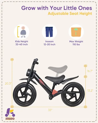 Miniatura 6 de KRIDDO Bicicleta de equilibrio para niños de 2 a 5 años, con luz delantera, neumáticos mejorados para todo terreno, rodamientos mejorados para una
