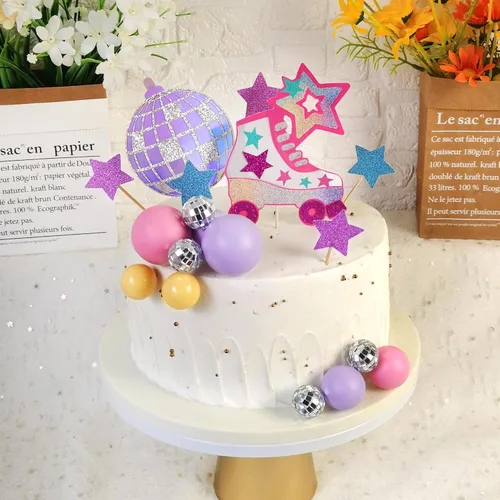 Miniatura 7 de Decoración para tartas de patinaje sobre ruedas, bola de discoteca, decoración de pastel para pasteles de bolas pastel para 80, 90, patinaje, hip