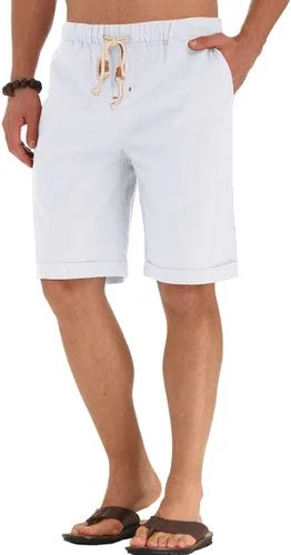 NITAGUT - Pantalones cortos de verano para hombre (lino, corte clásico, cortos, con cordón, para playa