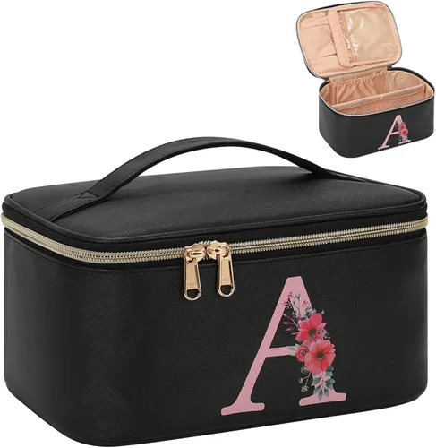 Miniatura 70 de OCHEAL Bolsa de maquillaje personalizada, bolsa de maquillaje beige para mujer, kit de aseo de viaje con monograma, organizador de cosméticos listo