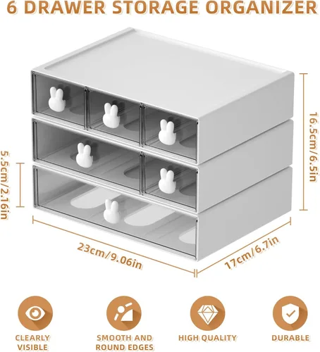Miniatura 2 de Marbrasse Organizador de escritorio con 6 cajones, cajones de almacenamiento apilables de 3 niveles, almacenamiento de maquillaje de plástico