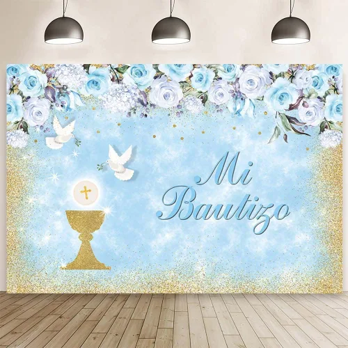 AIBIIN Mi Bautizo - Telón de fondo para niño, cartel de bautizo de palomas de cáliz dorado, fondo para fotografía de bautizo, floral azul, primera