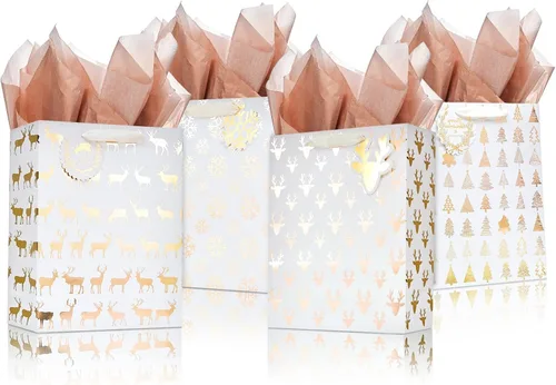 Miniatura 9 de UNIQOOO 12 bolsas de regalo de Navidad doradas metálicas a granel con etiqueta, grandes de 12.5 x 10.5 pulgadas, copos de nieve surtidos, renos