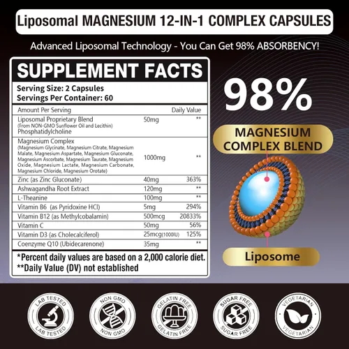 Miniatura 2 de 2 paquetes de cápsulas de complejo de magnesio liposomal de 1400 mg (citrato, glicinato, malato, etc.), 12 tipos activos de magnesio con vitamina