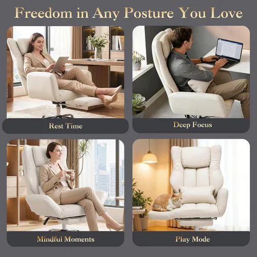 Miniatura 5 de Silla de oficina ejecutiva de respaldo alto con reposapiés, piel sintética reclinable, soporte lumbar, estilo entrecruzado, reclinación de 155° Beige