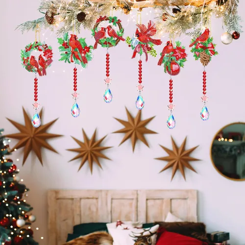 Miniatura 7 de Juego de 6 piezas de arte de diamantes de Navidad de doble cara, cardenal de diamante, campanillas de viento, arte para ventana, decoración de árbol