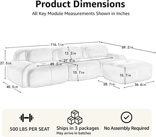 Miniatura 2 de Sofás seccionales modulares sin respaldo rígido de 116 pulgadas para sala de estar, sofá comprimido de 3 plazas con asiento profundo, no requiere