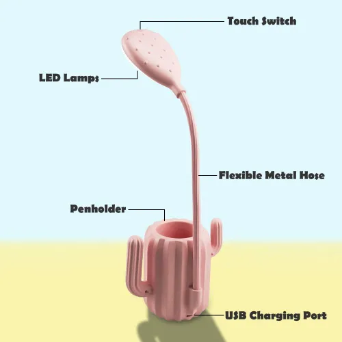 Miniatura 2 de Luz LED de escritorio de cactus, lámpara de protección ocular regulable + soporte para bolígrafo para lectura de estudio de oficina (rosa)