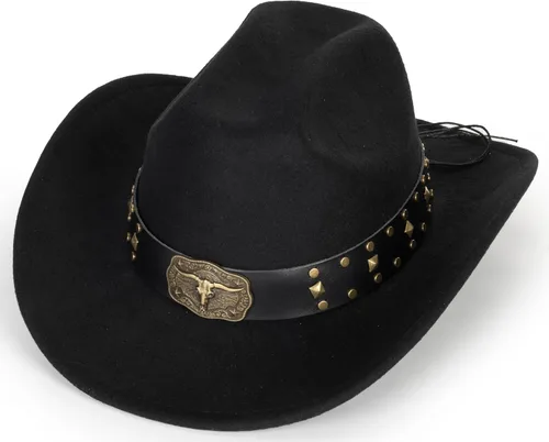 Miniatura 23 de Sombrero de vaquero clásico de fieltro occidental para mujeres y hombres de ala ancha con hebilla de cinturón (tamaño: mediano-grande)