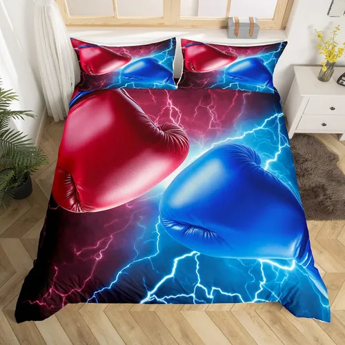 Juego de funda de edredón de boxeo, tamaño matrimonial para adultos y adolescentes, juego de cama con patrón de juego competitivo, funda de edredón