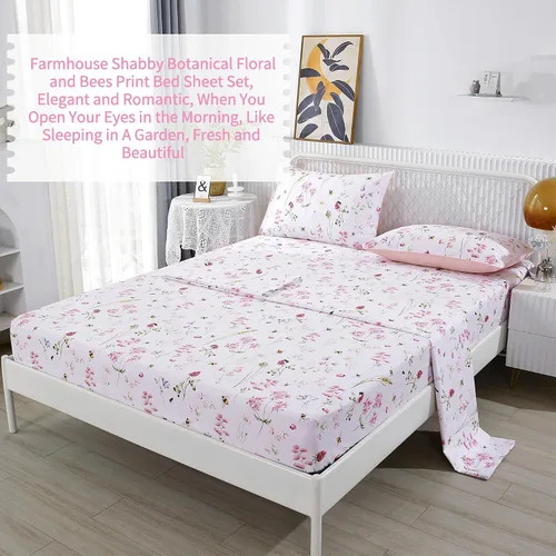 Miniatura 3 de RYNGHIPY Juego de sábanas de algodón con estampado floral de abejas Shabby, con fundas de almohada, juego de ropa de cama de algodón egipcio