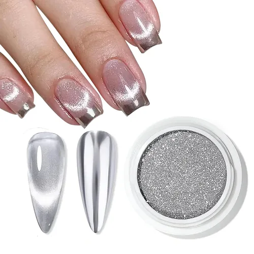 Polvo cromado para uñas de ojo de gato, polvo cromado para esmalte de uñas de gel, pigmento de efecto ojo de gato plateado para decoración de diseño