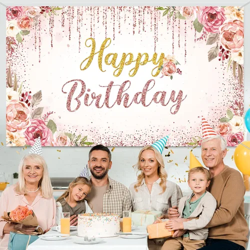 Miniatura 4 de Decoraciones de fondo de feliz cumpleaños para mujeres, suministros de fiesta, telón de fondo rosa, fotografía para niñas y niños, pancarta floral