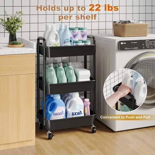 Miniatura 6 de Carrito rodante de 3 niveles con ruedas, carrito organizador de estantes de plástico negro de tres niveles con ruedas con cerradura, pequeño carrito