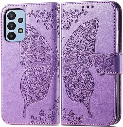 Miniatura 8 de Funda para Samsung Galaxy A23, Samsung A23 4G/5G, piel sintética de alta calidad con diseño de flor de mariposa en relieve, función atril, ranuras