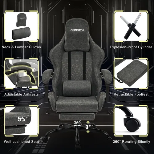 Miniatura 7 de Silla Gaming Silla de Videojuegos con Reposacabezas Grande, Reposabrazos de Conexión, Silla Ergonómica de Computadora de Cuero PU Retro para Gaming