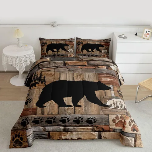 Miniatura 36 de Manfei Rutic Farmhouse - Juego de edredón tamaño King, juego de ropa de cama de retazos de madera a cuadros de ciervo, oso, árbol, 3 piezas