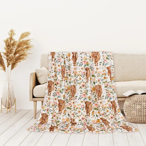 Miniatura 5 de JarThenaAMCS Manta de Franela Mullida de Vaca de las Tierras Altas Florales 60 x 50 Pulgadas Manta Decorativa Estilo Granja de Acuarela con Flores
