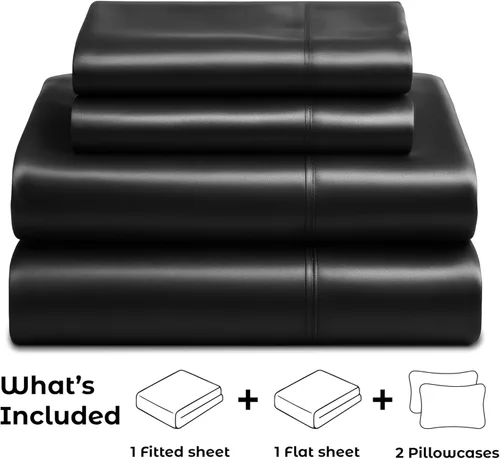 Miniatura 4 de Pure Bedding Sábanas de satén matrimoniales [4 piezas, negras] Juego de sábanas de lujo sedosas de hotel – Juego de sábanas de microfibra extra Negro