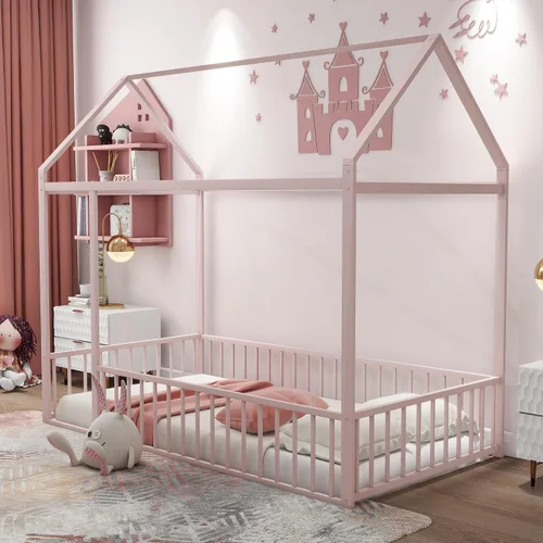 Miniatura 16 de Bellemave Cama de Piso Montessori Tamaño Twin, Marco de Cama Casa de Metal para Niños, Camas de Piso Montessori con Cerca, Blanco