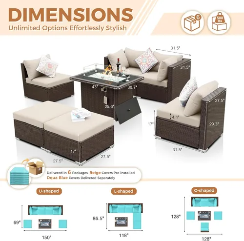Miniatura 4 de BULEXYARD Juego de muebles de patio de respaldo alto de 7 piezas con mesa de fogata de combustible dual propano/gas natural, sofá seccional
