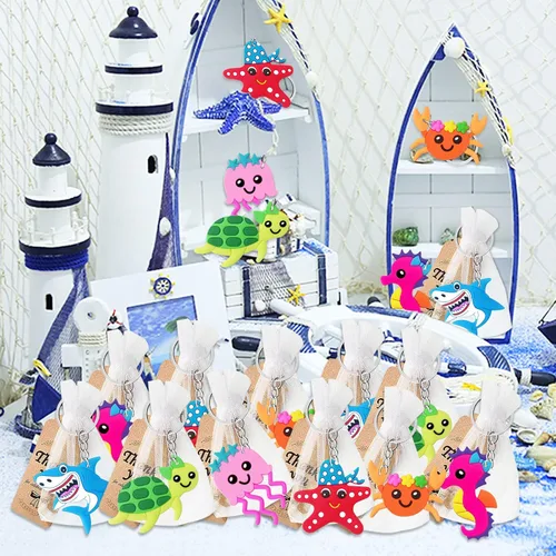 Miniatura 5 de CiciBear Paquete de 54 regalos de regreso de fiesta del mundo marino con llaveros de criaturas marinas y etiquetas de agradecimiento para cumpleaños