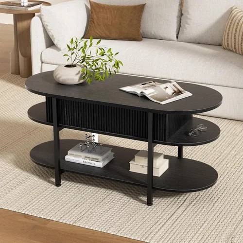 Miniatura 3 de FABATO - Mesa de centro oval de 41.7" con parte superior elevable, mesa central de madera estriada con almacenamiento oculto, mesas pequeñas de 3