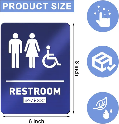 Miniatura 2 de Oudain Letrero de baño compatible con Ada con Braille, unisex, para discapacitados, para restaurante de negocios, 1 unidad, (azul)