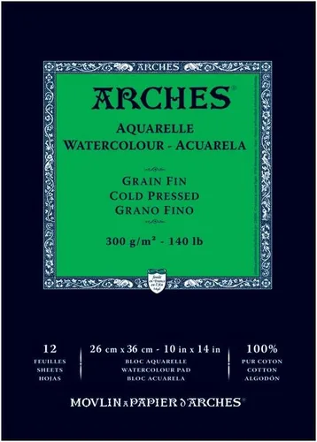 Arches Bloc de acuarela de 10 x 14 pulgadas, papel blanco natural 100% algodón, 12 hojas de papel de acuarela Arches de 140 libras, papel de arte