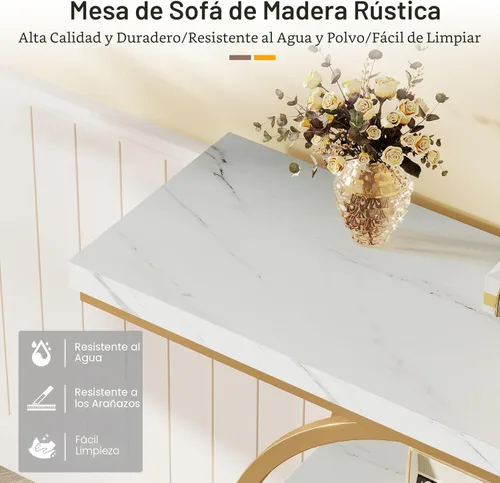Miniatura 8 de Tribesigns Mesa de Consola de 41.3 pulgadas, Mesa Industrial de 4 Niveles para Sofá de Entrada con Base Circular, Mesas Decorativas de Madera Oro