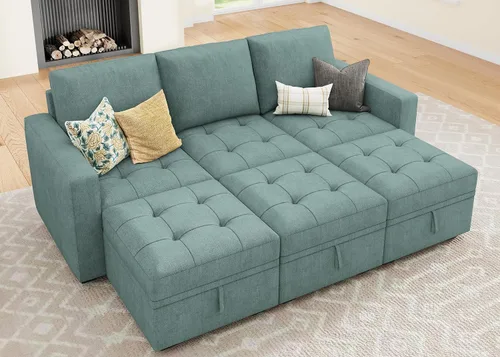 Miniatura 15 de HONBAY Sofá cama modular modular con cama extraíble, sofá en forma de L con asiento de almacenamiento, sofás seccionales para sala de estar, beige