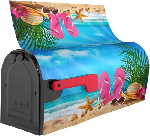 Miniatura 3 de Chanclas con diseño de conchas de estrella de mar y gafas de sol en la playa, cubierta magnética de buzón de verano, decoración de buzón de 25.5 x