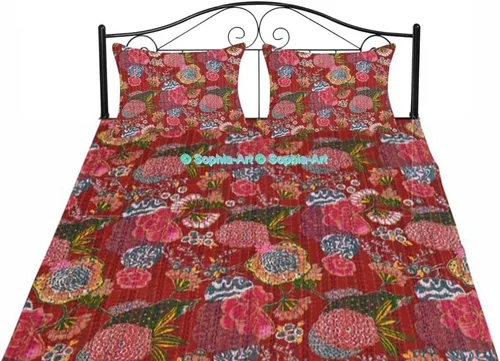 Miniatura 9 de Sophia-Art Colcha reversible de frutas indias para cama individual/king con patrón Gudri de algodón puro estilo Kantha, colcha decorativa con Rosa