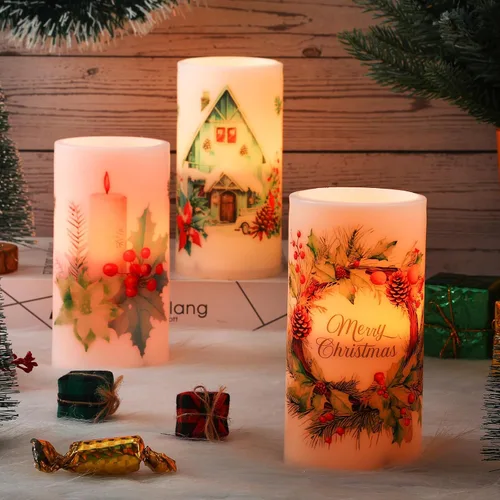 Miniatura 4 de Retisee 3 piezas de velas de Navidad sin llama estilo granja con control remoto, velas LED operadas a batería estilo rústico, decoración de Navidad