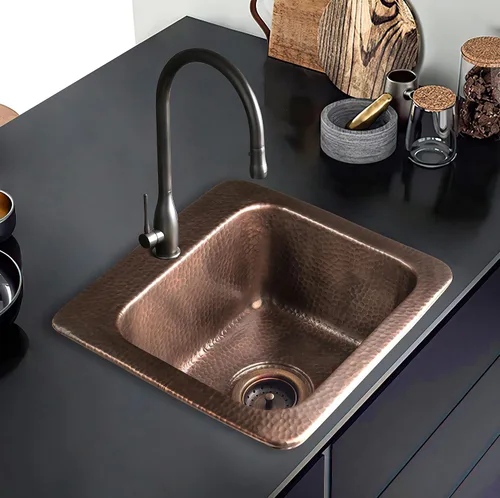 Miniatura 5 de Monarch Abode Fregadero de cocina y bar – Fregadero Baxter de 15 pulgadas, fregadero de cobre puro martillado a mano con orificio para grifo
