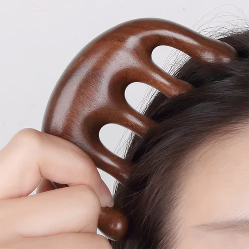 Miniatura 8 de Peine de meridianos de cinco dientes de madera pura 100% natural, hecho a mano, portátil, alambre dorado, sándalo, cabeza ancha, meridianos