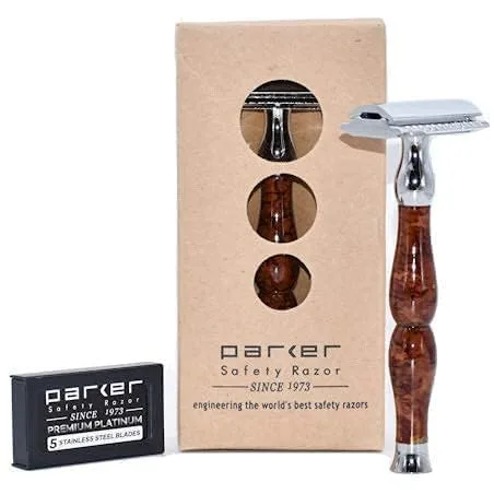 Parker, 45R - Maquinilla de afeitar de seguridad pesada de doble filo, diseño de 3 piezas con mango de 4 pulgadas, marco de latón macizo para mayor