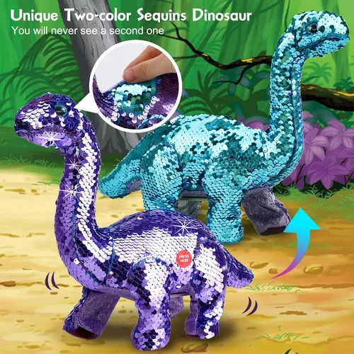 Miniatura 2 de Koonie Juguetes de dinosaurio para niñas, juguetes para niñas de 2 años, dinosaurio morado, control remoto, reversible, con lentejuelas, juguete