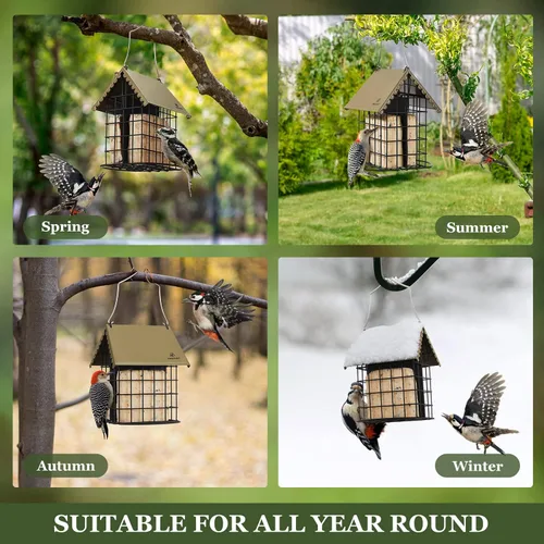 Miniatura 5 de Kingsyard Comedero doble de sebo para pájaros con techo a prueba de inclemencias del tiempo y percha, todo de metal, comedero de sebo para pájaros