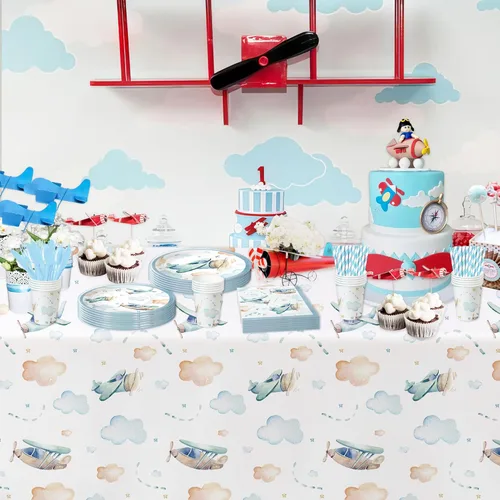 Miniatura 4 de Suministros para fiesta de cumpleaños de avión – Vajilla de decoración de aviones, plato de papel, taza, servilleta, tenedor, vajilla de baby shower