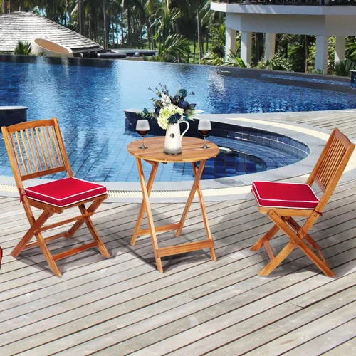 Miniatura 3 de Tangkula Juego de 3 piezas de sillas y mesa de madera de acacia para exteriores, con cojín acolchado y mesa de centro redonda, ideal para patio Rojo