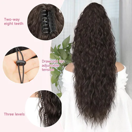 Miniatura 3 de ALXNAN Cola de caballo con clip de garra, extensión de cola de caballo marrón oscuro de 26 pulgadas para mujer, extensiones de cabello sintético