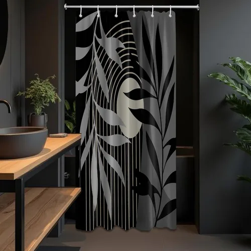 Cortina de ducha bohemia en negro y gris, cortinas de ducha modernas de mediados de siglo negro y gris para baño, juego de tela impermeable con