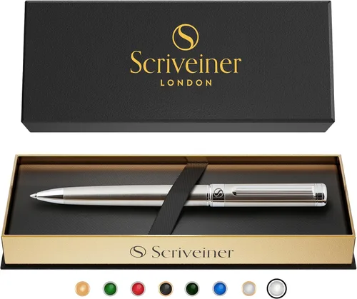 Miniatura 25 de Bolígrafo laqueado en negro Scriveiner - Impresionante pluma de lujo, chapado en oro real, repuesto Schmidt de tinta negra, el mejor juego de regalo